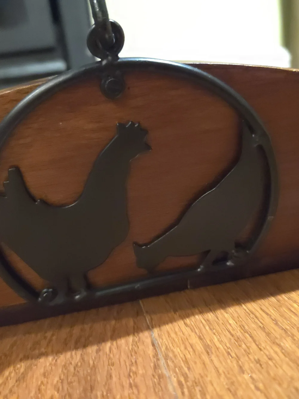 Farmhouse Style Wood & Metal Serving Tray w/ Black Swing Handle, Rooster Accent